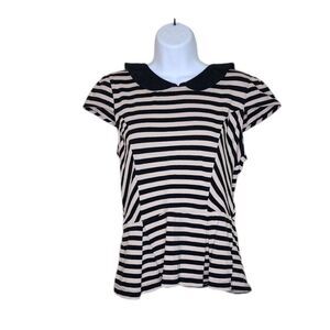 Vintage Y2K Cap Sleeve Peplum Striped Top Womens L Black White Pinup Demure